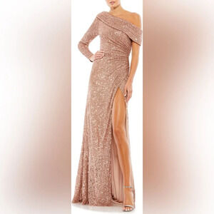 IEENA for Mac Duggal Sequin One-Shoulder Gown Copper Rose Gold Thigh Slit Size 4